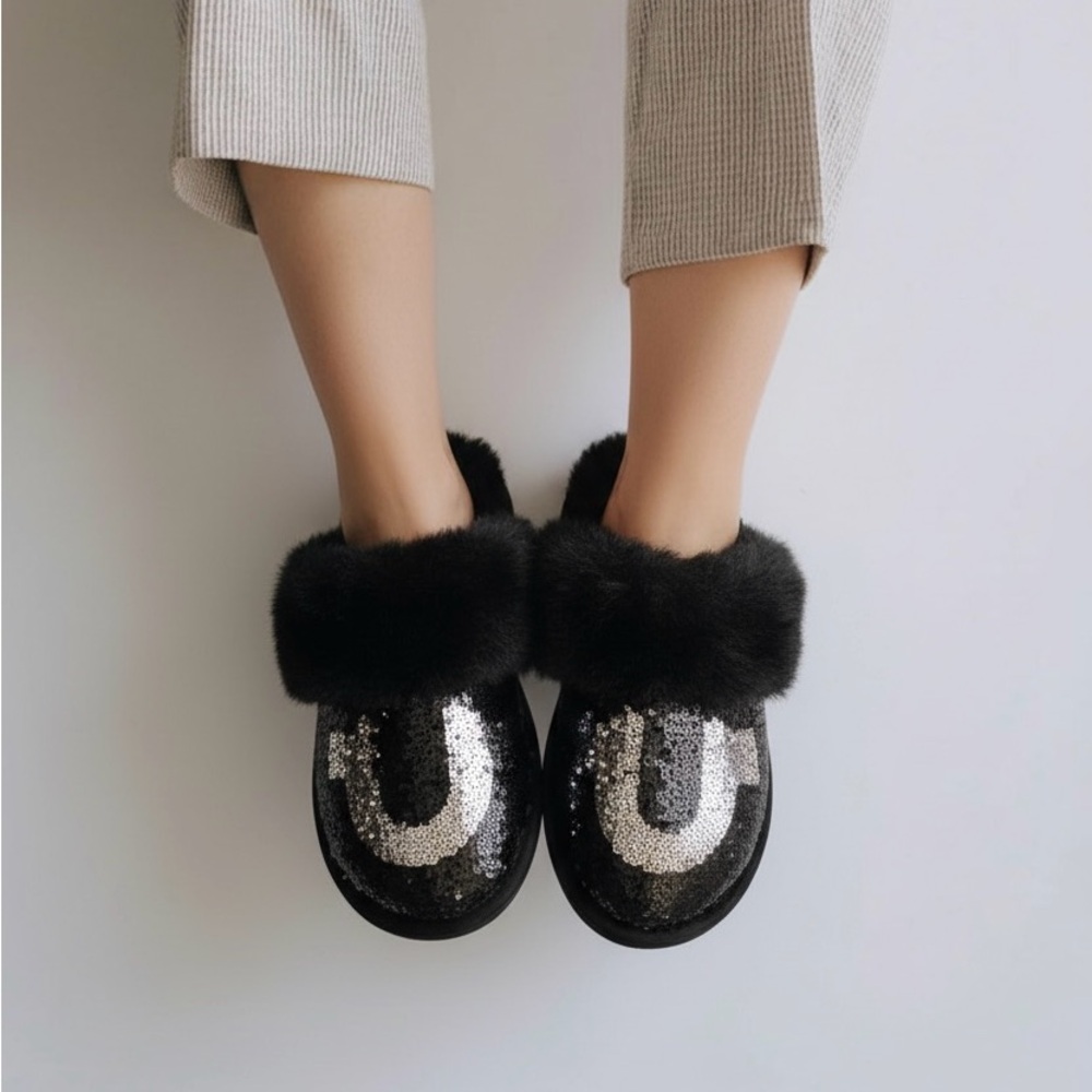 True Religion Black Sequin Fur Slippers